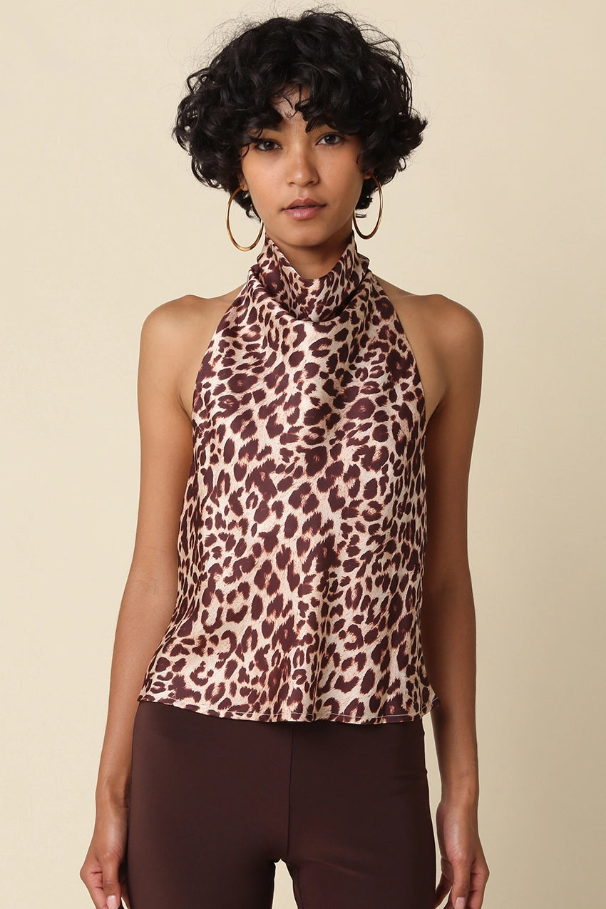 Inez Leopard Halter Satin Top