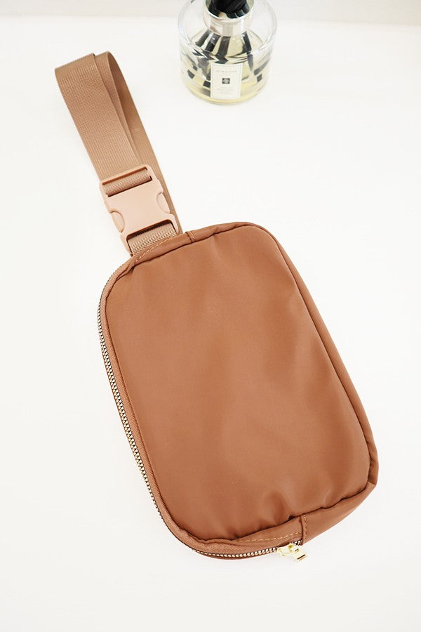 Gold Zipper Belt Bag in Brown
