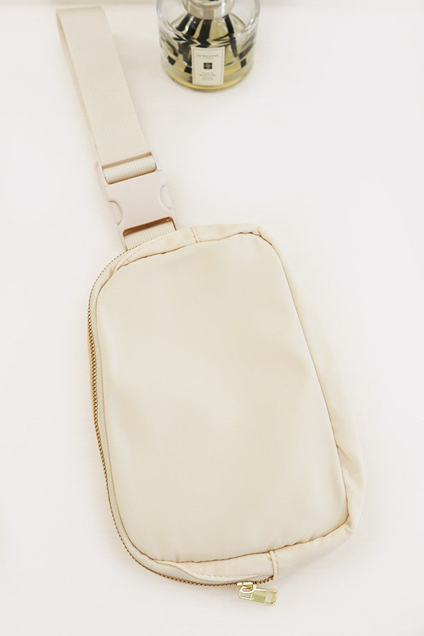 Gold Zipper Belt Bag in Beige
