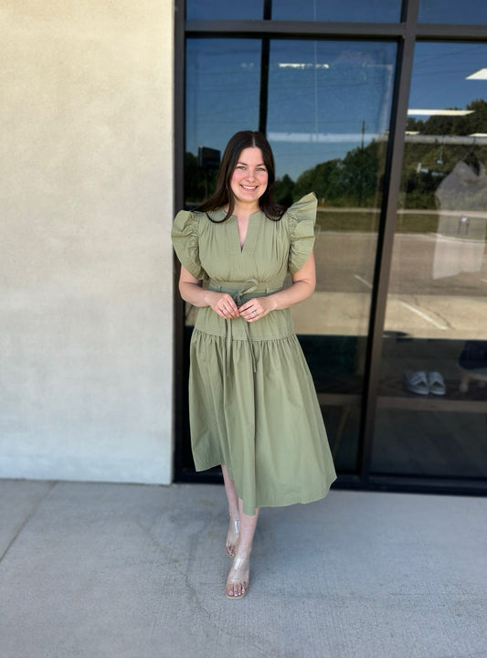 Olive Flutter Midi Dress