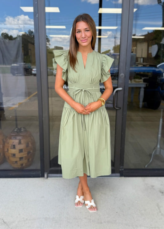 Olive Flutter Midi Dress