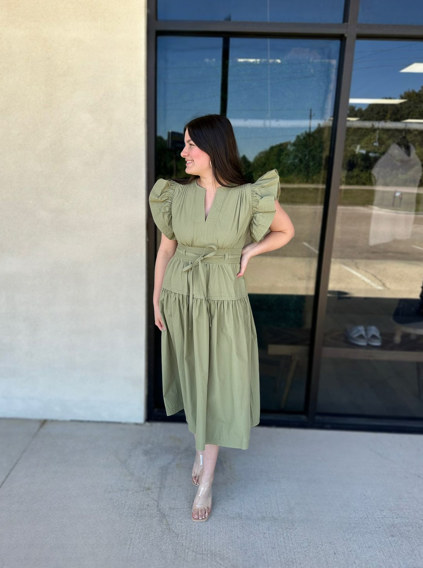 Olive Flutter Midi Dress