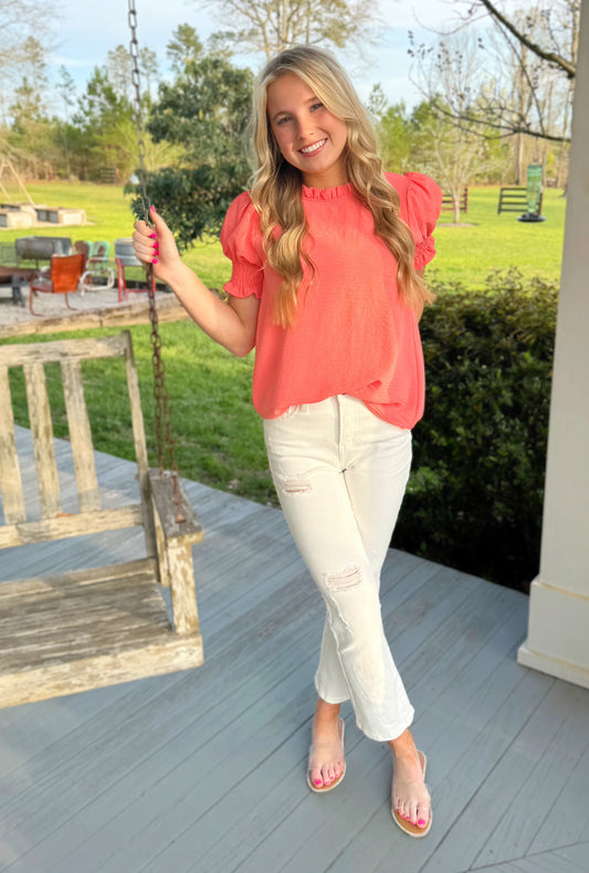 SMALL - Solidly Ruffled Top in Coral