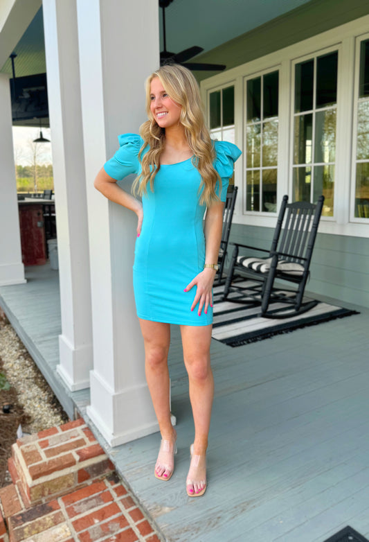 Puffy in Aqua Mini Dress