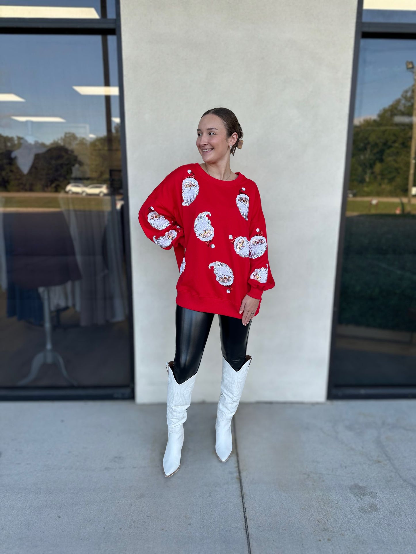 LARGE - Sequin Santa Sweatshirt in Red