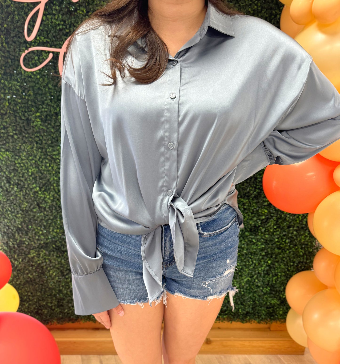 LARGE - Monday Blues Satin Blouse