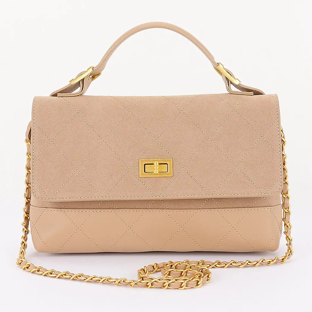 Faux Suede and Leather Flap Bag